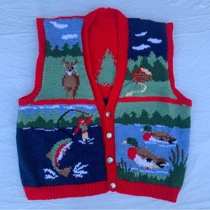 Vintage Hand Knit Fishing Duck Hunting Camping Outdoors Sweater Vest